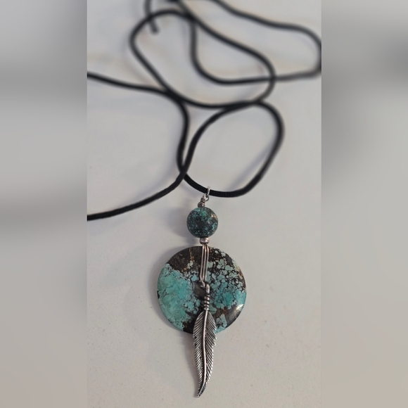 Turquoise And Silver Southwest Feather Pendant Necklace - Picture 2 of 4